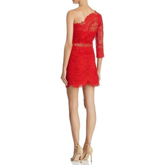 Saylor Pippa One Shoulder Dress Red XS Lace Mini Cocktail Sheer 3/4 Sleeve - Picture 3 of 16